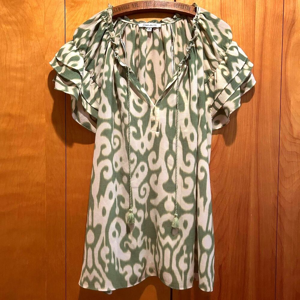Rose and Olive 2X Green Print Blouse-Ruffle Sleeve-Tassel Tie-Boho-Peasant-Artsy